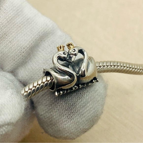 EUC Pandora 791189 Sterling Silver Swan Embrace Animal Charm w/ 14k Gold Crown - Picture 6 of 10